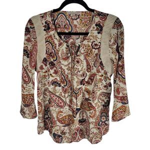 My Danielle Womens Sz S Tan Red Paisley 3/4 Sleeve Blouse